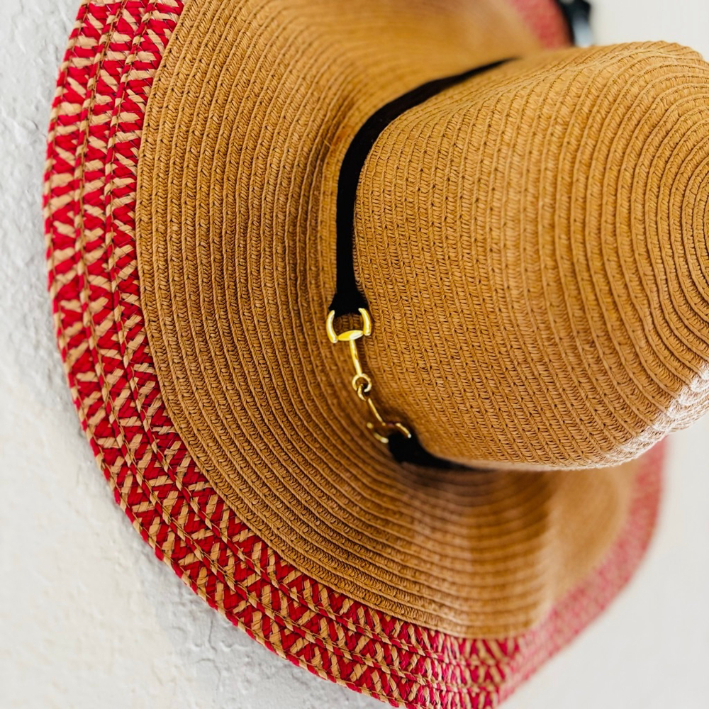 Boho Beige Red Straw Sun Hat One Size - Picture 5 of 6